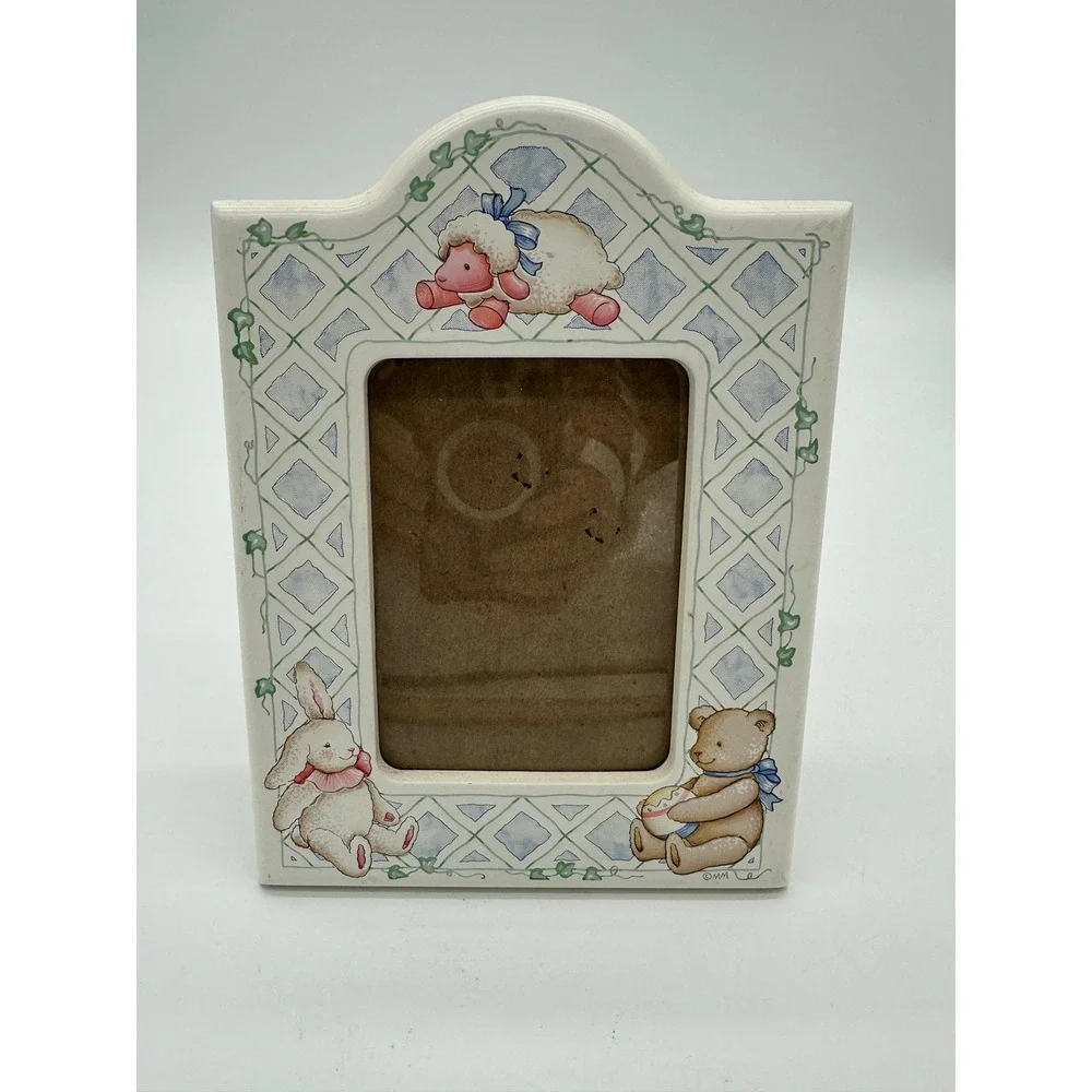Picture Frame Nursery Animals Lamb‎ Bunny Bear White Vintage 90s